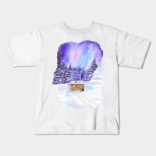 Snowy Night: Watercolor Winter Landscape with Cozy Cottage Kids T-Shirt